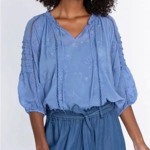 JOHNNY WAS Embroidered Rayon Peasant Blouse
